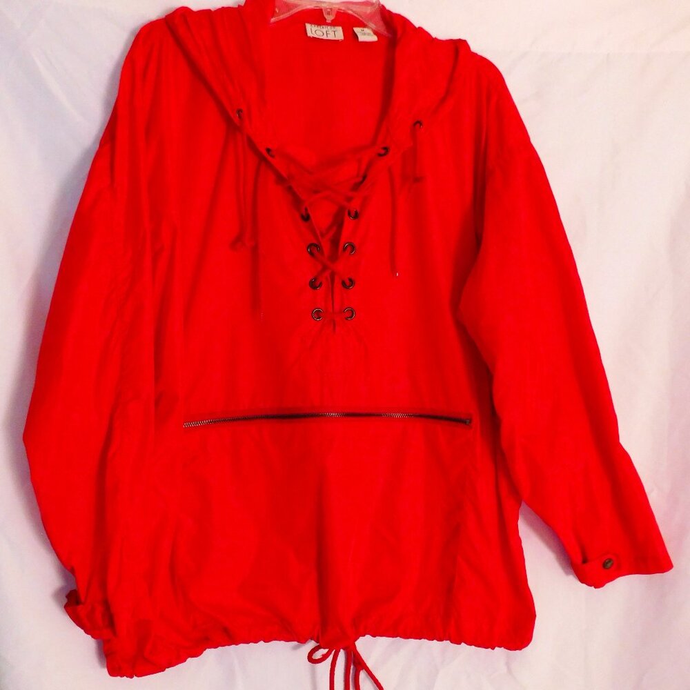 Ann Taylor Loft Oversized Red Nylon Pull Over Hooded Nylon Jacket Medium